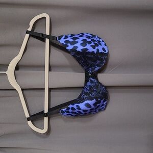 Smart & Sexy Womens Bra Black/Blue Cheetah Lightly Padded Adjustable Sz 38C EUC